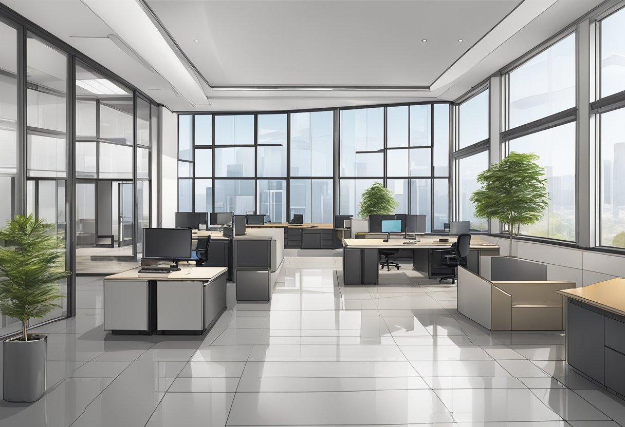 A modern office building with spacious open floor plans, high-speed internet, and flexible lease terms. A sleek lobby with professional signage and secure access